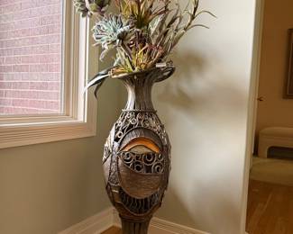 Large Ornate Metal Floor Vase with Artificial Floral Arrangement