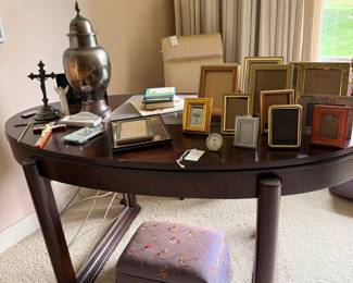 Oval Mahogany Table with Assorted Decorative Items