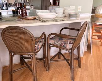 Pair of Vintage Rattan Bar Stools with Southwestern Upholstery