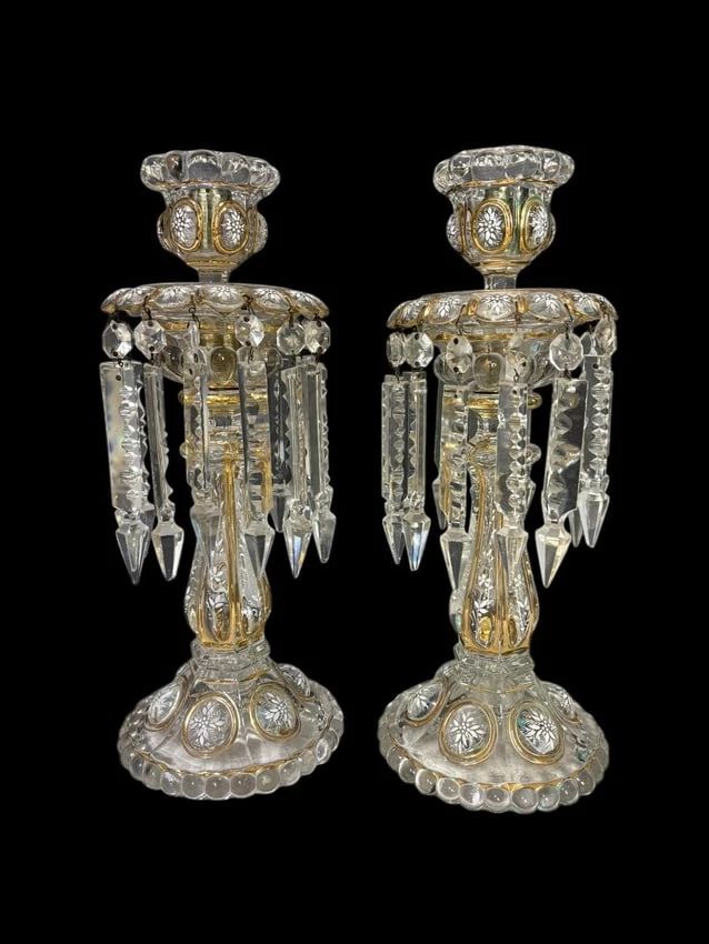 Pair of French Crystal Baccarat "Medallion" Luster 14.5" tall Candlesticks