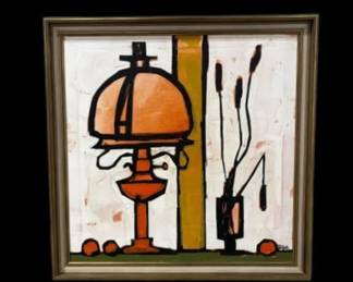 Mid Century Modern Framed Artwork by Colin Ruffell "Lamp & Cats Tails"