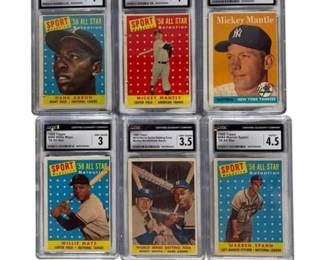 1958 Topps (6) Graded Baseball Card Lot Hank Aaron, M Mantle, W. Mayes & W. Spahn