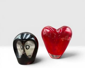 2 Murano Hand Blown Art Glass Paperweights Owl & Red Heart by the Salviati Collection