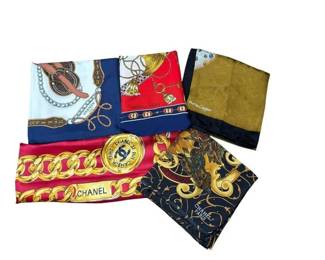 Estate Lot of 5 Authentic French Designer Silk Scarves- Chanel, Gucci, Hermes & Cartier Paris