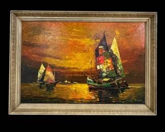 Mid Century Modern Vintage Oil on Canvas Harbor Scene with Sailboats, Signed