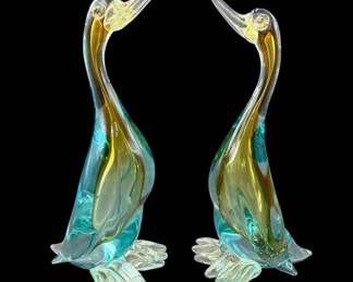 Pair of Beautiful Vintage Murano Gold to Teal Glass Duck Sculptures