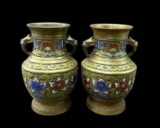 Pair of Japanese Enameled Brass Champleve' Vases with Dragon Handles