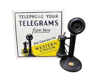Antique American Bell Company Candlestick Telephone & Telegraph Metal Sign