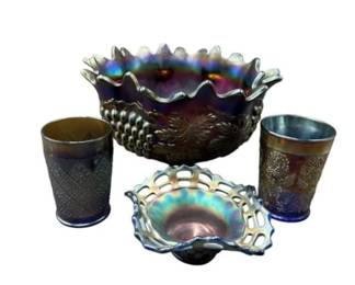 4 Carnival Glass Blue, Purple, Grapes, Bowls and Cups - Includes Northwood