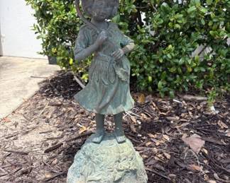 Vintage Bronze 20" Tall Fountain - Verdigras Patina - Little Girl with Umbrella