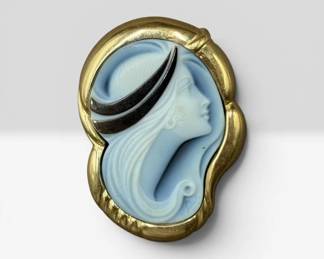 Signed Erwin Pauly Art Deco Style Cameo Brooch - 14K Gold Bezel Setting