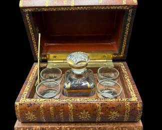 Antique French Leather Book Form Liquor "Tantalus" Cave Set