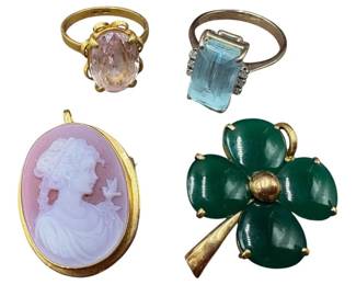 18k Jewelry Lot - Rings & Brooches (4 pcs) 19.55 grams total with stones - Aquamarine, Jade, Cameo