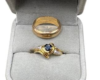 Estate Lot of 2 - 14k Yellow Gold Band & Sapphire & Diamond Ring 8 Grams total