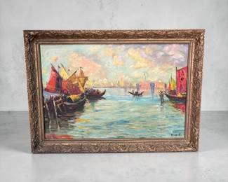 Large Oil on Canvas Italian Boat & Water Scene signed Bianchi, (Mose')
