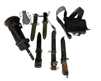 Lot of 8 Civil War & Other Items: Powder Flask, Cartridge Satchel, Boot Scabbard & Knifes & Bayone