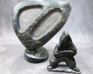 2 Inuit Carved Stone Sculptures: Abstract & Figural