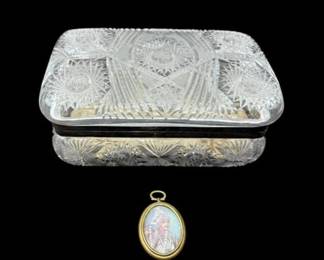 Estate Lot of Vintage Large Cut Glass and SilverTone Box & Akbar the Great Framed Miniature Art