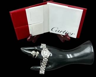 Estate Jewelry Lot of 2-14k White Gold & Diamond Rings (7.50 Grams) & Cartier 28mm Ladies Watch