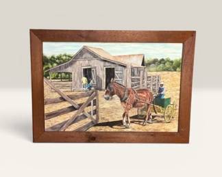 Vintage Farmhouse Scene with Horse Drawn Cotton Wagon signed J. Sanders