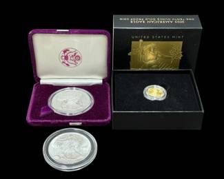 Estate Lot of Coins, 2 - American Silver Eagles 1986 (S) & 1 - 2023 American Eagle Gold Coin 1/10 o