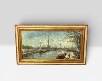 Oil on Canvas Painting laid on Board - French Scene signed H. Garf - Eiffel Tower & Seine River