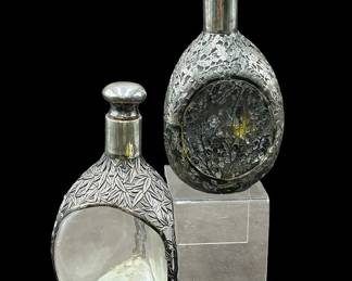 Estate Lot of 2 Antique Chinese Sterling Overlay Decanter Pinch Bottles