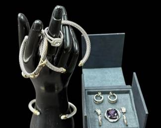 Estate Lot of David Yurman Sterling and 14K/18K Gold Bracelets, Earrings, Ring & Pendant 8 pcs