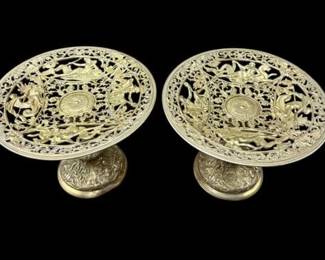 Antique Gilt Bronze Neoclassical Comport Tazzas with Gods Neptune & Nefreids Riding Dolphins