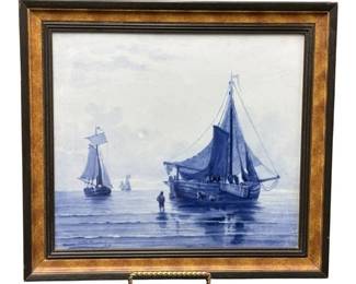 Framed Antique Delft Hand Painted and Signed H. W. Mesdag - Ships Porcelain Tile