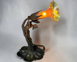 Art Nouveau Bronze Nude Lady Figural Lamp After Sculptor Gustav Gurschner
