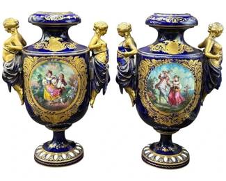 Antique French Sevres Style Signed Porcelain Hand Painted Urns