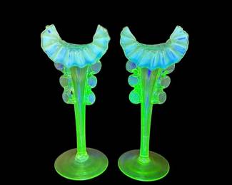 Antique Pair of Opalescent Vaseline Glass Trumpet Flower Vases