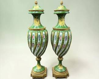 Pair of 19th Century French Sevres Style Hand Painted Porcelain Urns