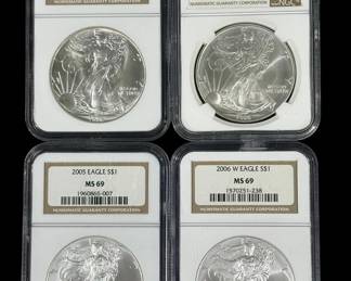 NGC Graded 4-American Silver Eagle Coins, 1986, 1995, 2005, 2006 (W)- 1 Bullion Oz Ea