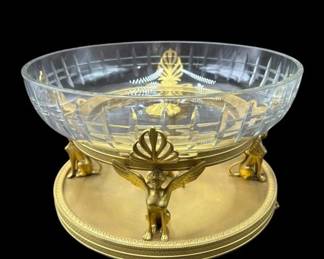 Empire Gilt Bronze & Baccarat Style Crystal Bowl Sphinx Centerpiece