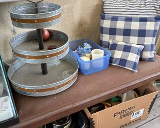 Galvanized tiered stand and pillows