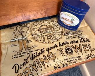 Frying towel and vintage tins