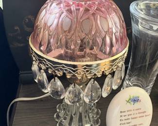Pink glass boudoir lamp with prisms