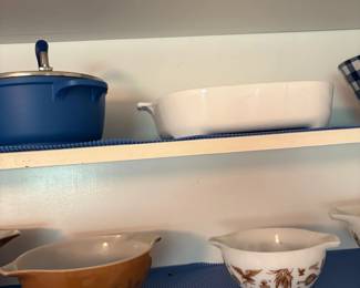 Blue bakeware and Pyrex bowls