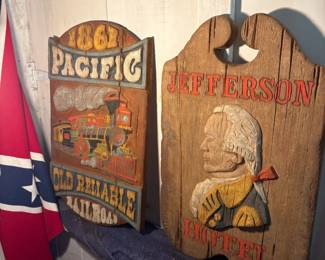 Carved wooden railroad sign