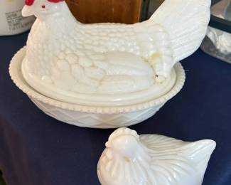 Milk glass hens on nests