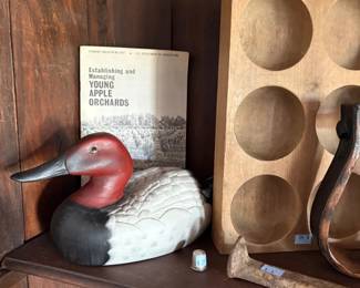 Duck decoy and wooden egg tray