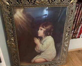 Framed praying child print, ornate frame