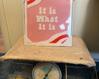 Vintage kitchen scale and wall sign