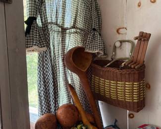 Vintage gingham dress, baskets, and wooden ladles