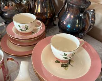 Silverplate teapot and pink china