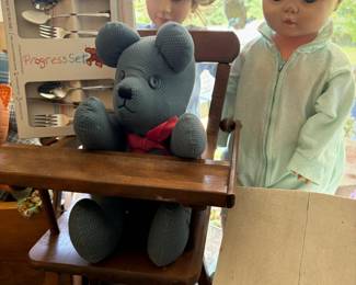 Handmade teddy bear and child's high chair