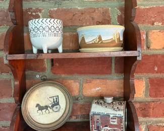 Wooden wall shelf with pottery and primitives