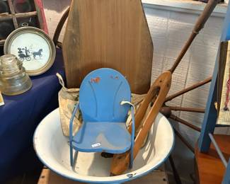 Enamelware basin and child's chair